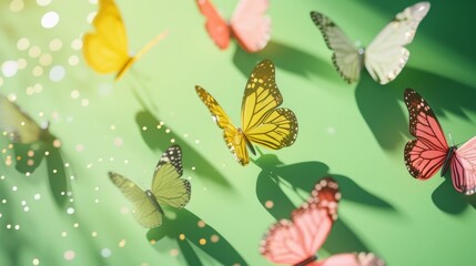 A whimsical scene of colorful paper butterflies floating against a vibrant green background, bathed in dreamy light. The playful arrangement of butterflies creates a joyful and serene atmosphere