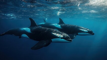 Fototapeta premium majestic pod of orcas gliding through crystalclear ocean waters sleek black and white bodies contrast with the deep blue sea underwater perspective captures their grace and power