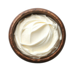Wooden bowl with sour cream top view
 isolated on transparent or white background