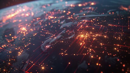 Fototapeta premium A stunning view of Earth showcasing vibrant network connections and illuminated cities, reflecting global connectivity and technology.
