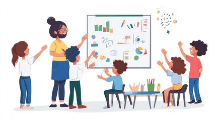 A teacher explaining a concept on a whiteboard, with students raising hands and participating in a lively classroom discussion