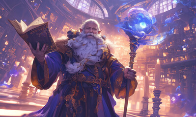 elderly anime wizard with a long white beard and bright blue eyes , 4k , wallpaper