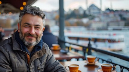 Mature handsome man drink turkish coffee sitting in small cafe with great view on Istanbul, Turkey