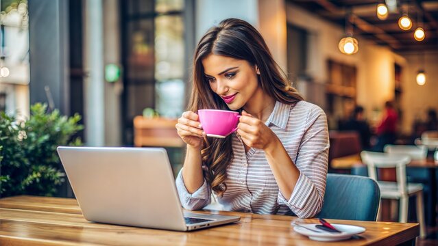 beautiful brunette woman drinks aromatic coffee