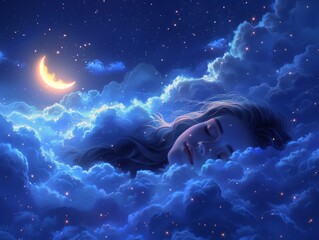 world sleep day. person peacefully sleeping amidst fluffy clouds, with stars twinkling above and a crescent moon casting its gentle glow.