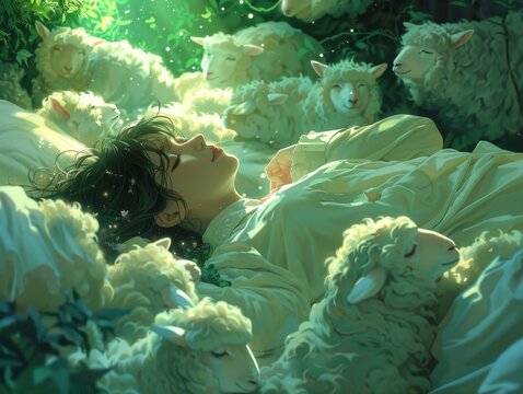 woman lying on her side, a flock of sheep floats above her, leaving behind a trail of stardust.