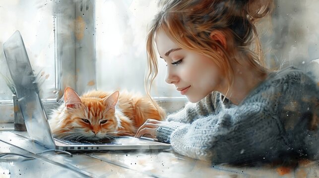 girl work over laptop on kitchen with a cat sleeping close.