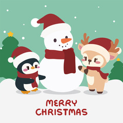 Cute Christmas Illustration with Snowman, Penguin, and Reindeer. Kawaii Christmas Scene with Santa’s Friends. Adorable Holiday Greeting. Snowman, Penguin, and Reindeer.