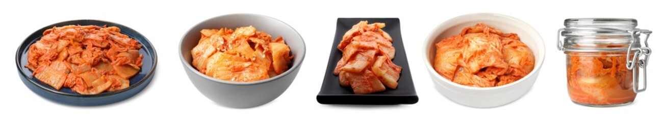 Delicious kimchi of Chinese cabbage isolated on white, collage. Traditional Korean dish