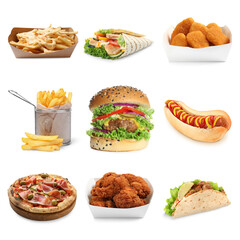 Different tasty fast food isolated on white, collection