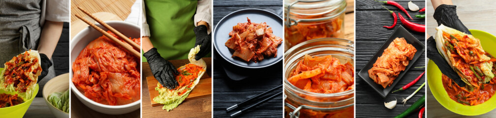 Delicious kimchi of Chinese cabbage, collage of photos. Traditional Korean dish