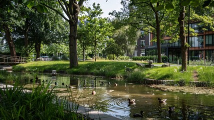 Fototapeta premium Ducks swimming in a pond in a green park