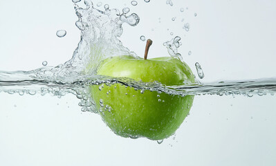 a green apple being dropped into a pool of clear water