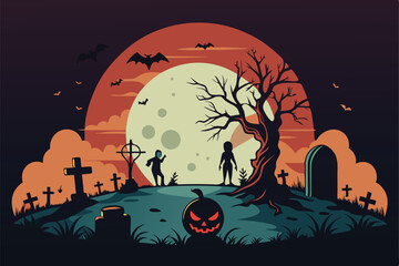 Spooky Blood Moon Cemetery & Zombies Halloween T-Shirt Design vector illustration