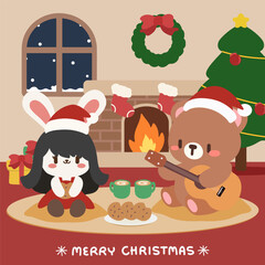 Cozy Christmas Scene with Bear and Bunny by the Fireplace. Kawaii Christmas Illustration. Bear Playing Guitar and Bunny Enjoying Cocoa. Adorable Holiday Artwork.