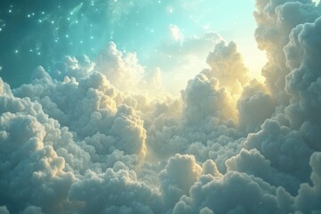 Fototapeta premium A view from above of fluffy white clouds illuminated by the sun and stars.