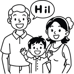 Obraz premium Character happy family greeting say Hi Hello