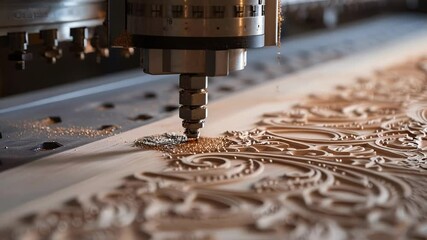 Modern cnc router is carving a wooden board with a beautiful pattern, the small chips are flying away from the tool. This woodworking technique allows for very precise and complex designs