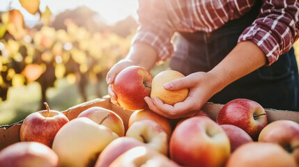 woman's hand picking ripe apples from a tree in autumn, symbolizing abundance, harvest, and the beauty of seasonal change