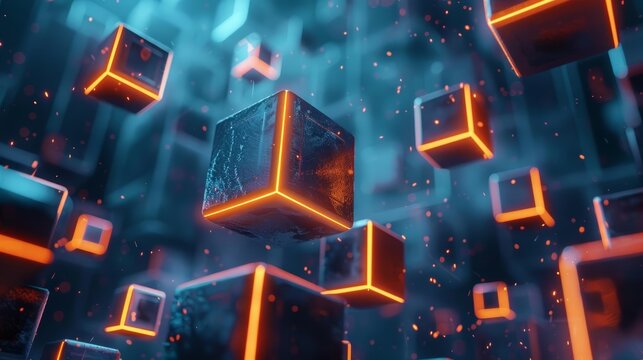 Illuminated floating cubes casting a glow in a dark, mysterious space, creating a mesmerizing atmosphere.