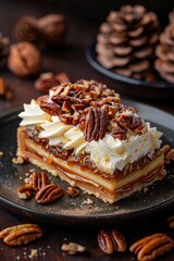 Caramel pecan pie with whipped cream