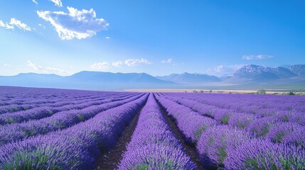 Fototapeta premium A field of lavender in full bloom, stretching out to the horizon under a clear blue sky, with mountains in the distance