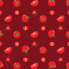 Red Tomato seamless pattern, Farm fresh Tomato product emblem for grocery shop, Slides, long and cross sections, and different positions, simple flat vector illustration of vegetables and fruits.