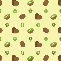 Green Brown Kiwi seamless pattern, Farm fresh Kiwi product emblem for grocery shop, Slides, long and cross sections, and different positions, simple flat vector illustration of vegetables and fruits.