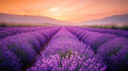 Obraz premium A lavender field at dawn, the soft pink and orange hues of the sky illuminating rows of purple flowers