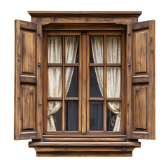 Wooden window with curtains front view vintage style isolated on transparent or white background