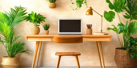 Fototapeta premium Modern Minimalist Home Office: A serene and stylish workspace bathed in natural light, featuring a sleek wooden desk, a laptop, a comfortable chair, and lush greenery for a touch of tranquility. The 