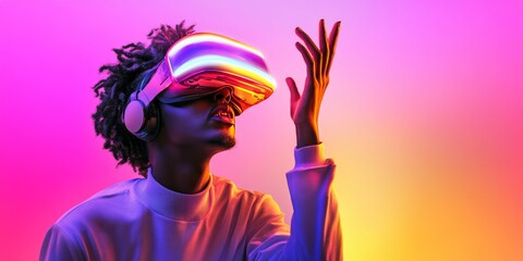 Immersed in Innovation: Young man exploring virtual reality in vibrant neon light