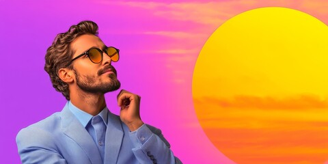 Sunsets and Ambition: A handsome, stylish man in a blue suit and sunglasses gazes thoughtfully at the horizon, bathed in the vibrant hues of a sunset. His confident posture and contemplative expressio