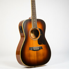 Obraz premium Close up of classical guitar fine detailed professional acoustic guitar isolated in white background