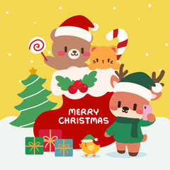 Cute Christmas Animals in Stocking with Gifts and Candy Cane. Kawaii Christmas Scene with Bear, Reindeer, and Cat in a Stocking. Festive Christmas Illustration. Animals Celebrating with Gifts.