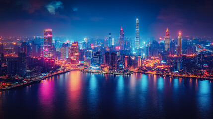Obraz premium A city skyline with a large body of water in the background. The city is lit up with neon lights, creating a vibrant and lively atmosphere