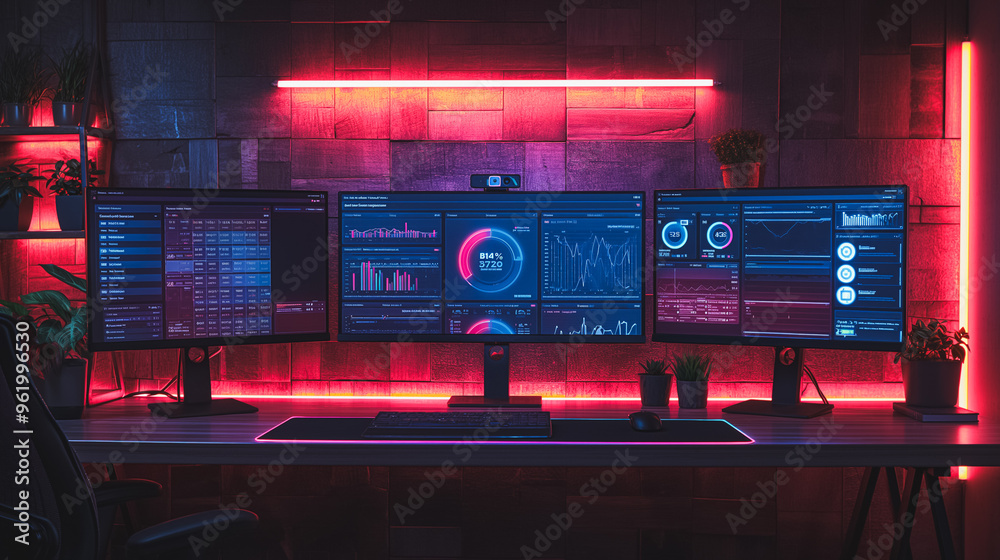Poster a computer desk with three monitors and a webcam. the monitors are displaying various graphs and num