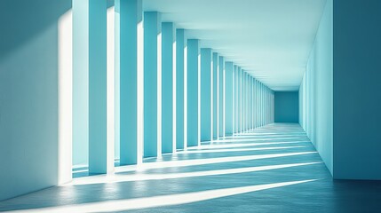 Obraz premium Minimalist hallway with tall columns casting long shadows, bathed in soft blue light. Architectural design evokes simplicity and elegance through clean lines and geometric shapes.