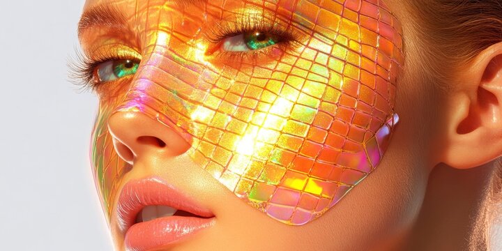 Shimmering Beauty: A close-up portrait of a woman with a holographic, iridescent face mask, creating a futuristic and mesmerizing visual. Her glowing skin and sparkling eyes radiate confidence and bea