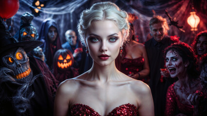 Fototapeta premium Bellissima donna con vestito rosso ad una festa nella notte di Halloween piena di persone vestite da mostri e personaggi horror, spiriti e fantasmi