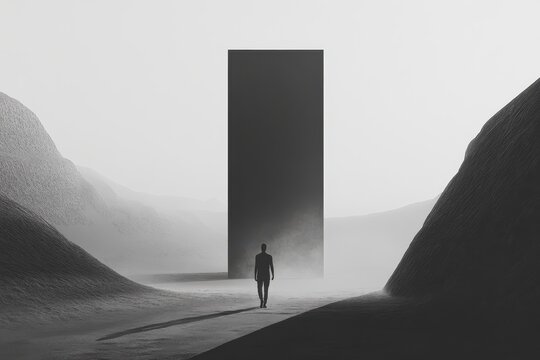 A lone figure walks toward a large black monolith in a desolate landscape.