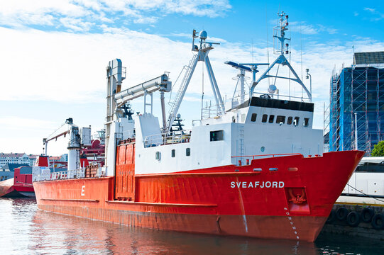 BERGEN, NORWAY - JULY 15, 2018: Sveafjord palletised cargo ship in Bergen