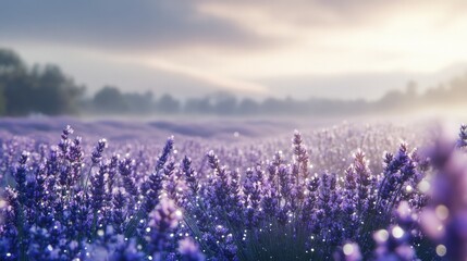 Naklejka premium A misty morning in a lavender field, with dewdrops glistening on the flowers and soft fog rolling over the landscape
