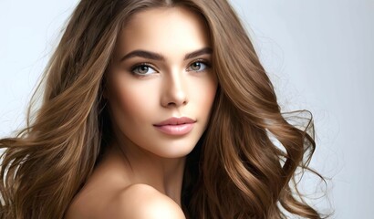 Fototapeta premium Beautiful woman with straight long brown hair. Hair model with voluminous hairstyle - attractive gorgeous healthy straightened hair