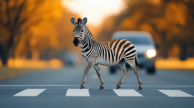  Zebra crossing a street in front of a car, set against a golden autumn backdrop, blending wildlife with a human environment in a unique moment.