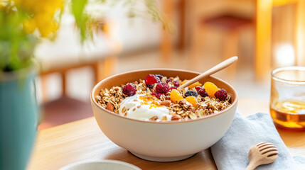 Healthy breakfast bowl filled with granola, yogurt, and assorted fruits on a wooden table with a soft-focus background