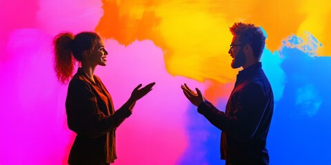 Colorful Conversation: A man and woman stand in silhouette against a vibrant, colorful backdrop, engaged in a lively conversation, their animated gestures and expressions suggesting a dynamic and enga