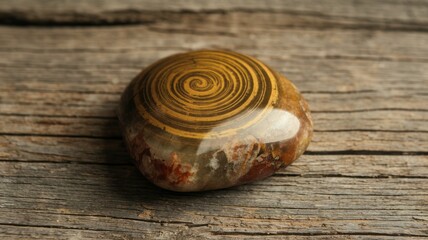 Spiral stone. Polished stone with a spiral pattern on a wooden surface.