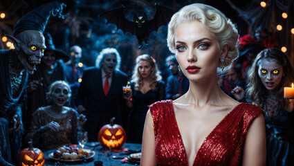 Bellissima donna con vestito rosso ad una festa nella notte di Halloween piena di persone vestite da mostri e personaggi horror, spiriti e fantasmi
