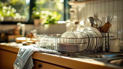  Clean dishes and utensils drying in sunlight on kitchen counter, evoking freshness and daily routines of home care and cleanliness. A simple, bright moment in the kitchen.